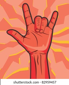 A man's hand giving the Rock and Roll sign