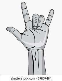 A man's hand giving the Rock and Roll sign
