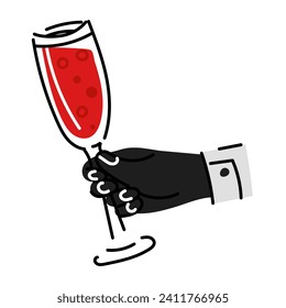Man's hand with a glass. A hand holding a glass of red wine, champagne. Vector flat doodle illustration. Valentine's Day, date, drinking drinks, a couple of glasses, lovers, clinking glasses. Isolated