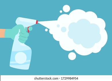 Man's hand in gloves holds bottle spray with disinfectant liquid, antiseptic. Virus protection concept. Home disinfection, hygiene. Vector illustration, flat design cartoon style, isolated background.