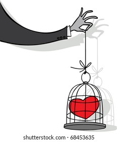 Man's hand with the heart in a cage
