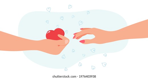 A man's hand with a heart in the palm reaches for the woman's hand. The concept of love, expression of feelings, trust. Applicable for wedding invitations, cards, valentines, backgrounds. Flat design.