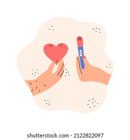 A man's hand with a heart and a woman's hand holds a positive pregnancy test with two stripes. The concept of expecting a child by a happy family. Hand drawn vector illustration.
