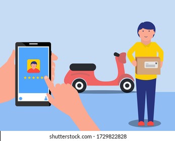man's hand hold mobile phone to give 5 star for delivery parcel or food and motorcycle in background