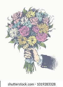 Man's hand holding beautiful bouquet of colorful different flowers. Vintage Victorian Era retro vector Hand drawn illustration. Color engraving style imitation