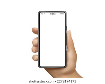 Mans Hand Holding Black Smartphone With Blank White Screen. EPS10 Vector