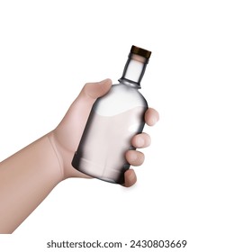 A Mans Hand Holding Bottle Of Vodka Isolated On White Background. EPS10 Vector