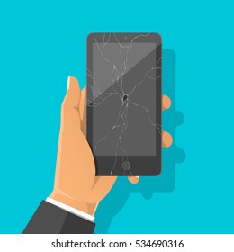 Man's hand holding broken smartphone with cracked screen. Damaged display. Vector flat cartoon illustration for web banners, sites, infographics design.