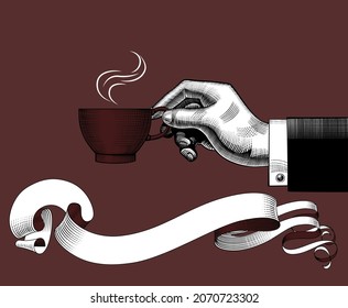 Man's hand holding a brown cup of coffee. Vintage stylized drawing. Vector illustration