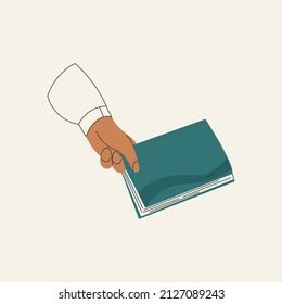 Man's hand holding closed book flat cartoon vector illustration isolated on white background. Student arm. Education and knowledge concept. Swap literature event, library day, culture festival