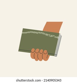 Man's hand holding closed book flat cartoon vector illustration isolated on white background. Student arm. Education and knowledge concept. Swap literature event, library day, culture festival