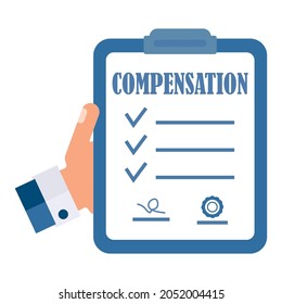 Man's hand holding a document. Compensation, loss concept. Vector flat illustration isolated on white background.