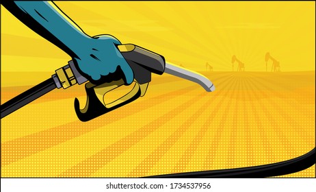 Man's Hand Holding Empty Yellow Petrol Pump In The Warm Desert. Pump jacks Oil Wells Silhouette In Background. Petrol Price, Industry, Oilfield, Prices Per Barrel Concept. Cartoon Vector Illustration