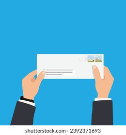 Man's hand holding envelope isolated on blue background. Close up. Vector