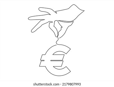 Man's hand holding Euro symbol isolated on white background.continuous line