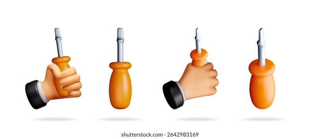 Man's hand holding a flathead screwdriver in a 3d cartoon style, isolated on a white background, repair tool concept.