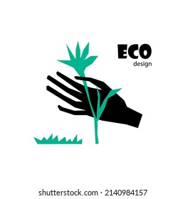 A man's hand is holding a flower. Ecological theme. Abctract and minimalist vector illustration. Concept for t-shirt, design print, graphic style.