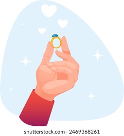 Mano de hombre sosteniendo anillo de boda de oro. Ilustración vectorial de acciones