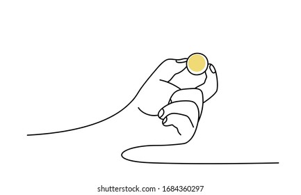 Man's hand holding golden coin. Line drawing vector illustration.