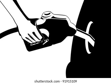 Man's hand holding a gun inserted in filling the fuel tank filler neck car. Black and white illustration.