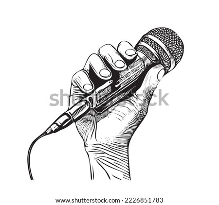 Man's hand holding a microphone, hand drawn sketch, engraving style.