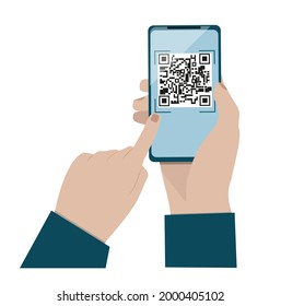 Mano de un hombre sosteniendo un teléfono móvil con un código QR en la pantalla. Ilustración de estilo plano.