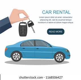 Man's hand holding modern car keys ready for rental blue car isolated on white background. Vector Web banner