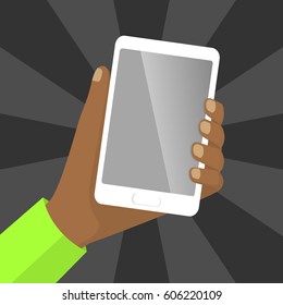 Man's hand holding modern smart phones. Vector illustration.