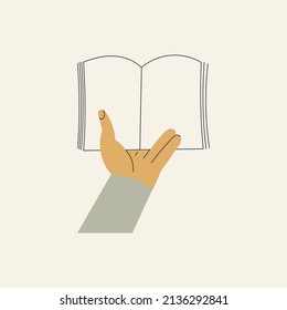 Man's hand holding open book flat cartoon vector illustration isolated on white background. Student arm. Education and knowledge concept. Swap literature event, library day, culture festival