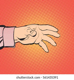 Man's hand holding out for something. Man calling for. Man inquiring for something. Man's hand. Reaching out something. Requiring something. Concept idea of advertisement. Halftone background