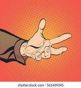 Man's hand holding out for something. Man demanding something. Man inquiring for something. Man's hand. Reaching out. Requiring something. Concept idea of advertisement. Halftone background