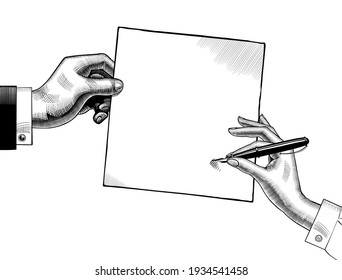 Man's hand holding a paper sheet and  woman's hand with a pen. Vintage engraving stylized drawing. Vector illustration