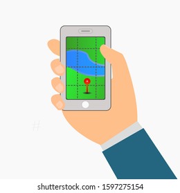 Man's hand holding phone with map and marker. Mobile gps navigation and tracking concept. Vector illustration.