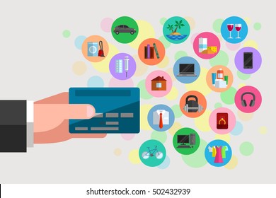 Man's hand is holding a plastic bank card. Icons of various goods and services nearby. Possible purchases and spendings available by using bank debit or credit card