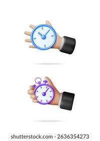 Man's hand holding a purple stopwatch and another hand holding a blue clock. Time management and deadline concept for business schedule.
