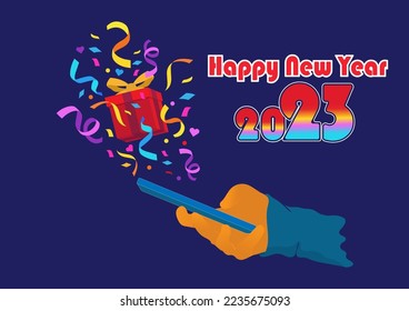 Man's hand holding a smart mobile phone and clicking on the screen. Sending happiness and gifts via social media To loved ones, Respect for the New Year.background. Vector illustration ,concept