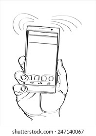 Man's hand holding a smart phone. Hand drawn isolated vector sketch on white background.