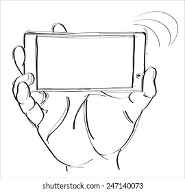 Man's hand holding a smart phone. Hand drawn isolated vector sketch on white background.