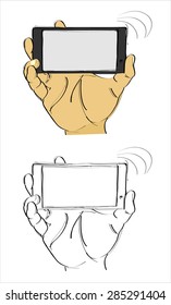 Man's hand holding a smart phone. Hand drawn isolated vector sketch on white background.