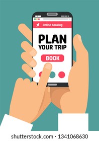 Man's Hand holding smartphone with book button on screen.Concept of online booking mobile application for renting accommodations. Plan a trip. Devices technology. .Flat cartoon vector illustration