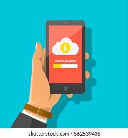 Man's hand holding smartphone with cloud, arrow and progress bar on the screen. Downloading information, file concept for web sites, web banners, infographics design. Vector flat cartoon illustration.