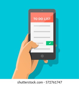 Man's hand holding smartphone with to do list on the display. Archiving item. Finger touch screen. Vector flat cartoon illustration for advertisement, web sites, banners, infographic design.