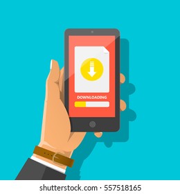 Man's hand holding smartphone with file and progress bar on the screen. Downloading document concept for web sites, web banners, infographics. Flat vector cartoon illustration