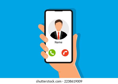 Man's hand holding smartphone with incoming call. Screen of smartphone with incoming call. Flat design the smartphone with incoming call on screen. Incoming call concept. Vector illustration