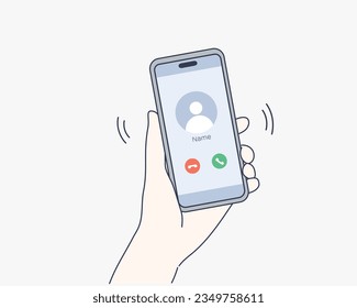 La mano del hombre sostiene el smartphone con la pantalla táctil de llamada y dedo entrante. Recibiendo el concepto de llamadas telefónicas. Ilustraciones de diseño vectorial de estilo dibujado a mano.