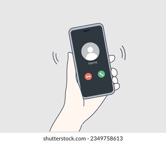 Man's hand holding smartphone with incoming call and finger touch screen. Receiving phone call concept. Hand drawn style vector design illustrations.