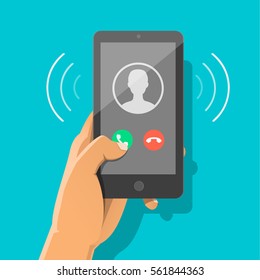 Man's Hand Holding Smartphone With Incoming Call And Finger Touch Screen. Receiving Phone Call Concept. Vector Flat Cartoon Illustration For Web Banners, Sites, Infographics Design.