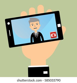 Man's hand holding smartphone with self portrait. Businessman taking selfie. vector
