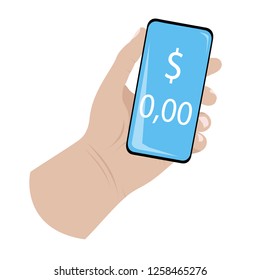 A man's Hand holding a smartphone. Zero cash balance icon on the screen