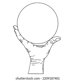 Man's Hand Is Holding A Sphere. Divination. Earth Day. Hand Drawn. Freehand Drawing. Sketch. Coloring Book.